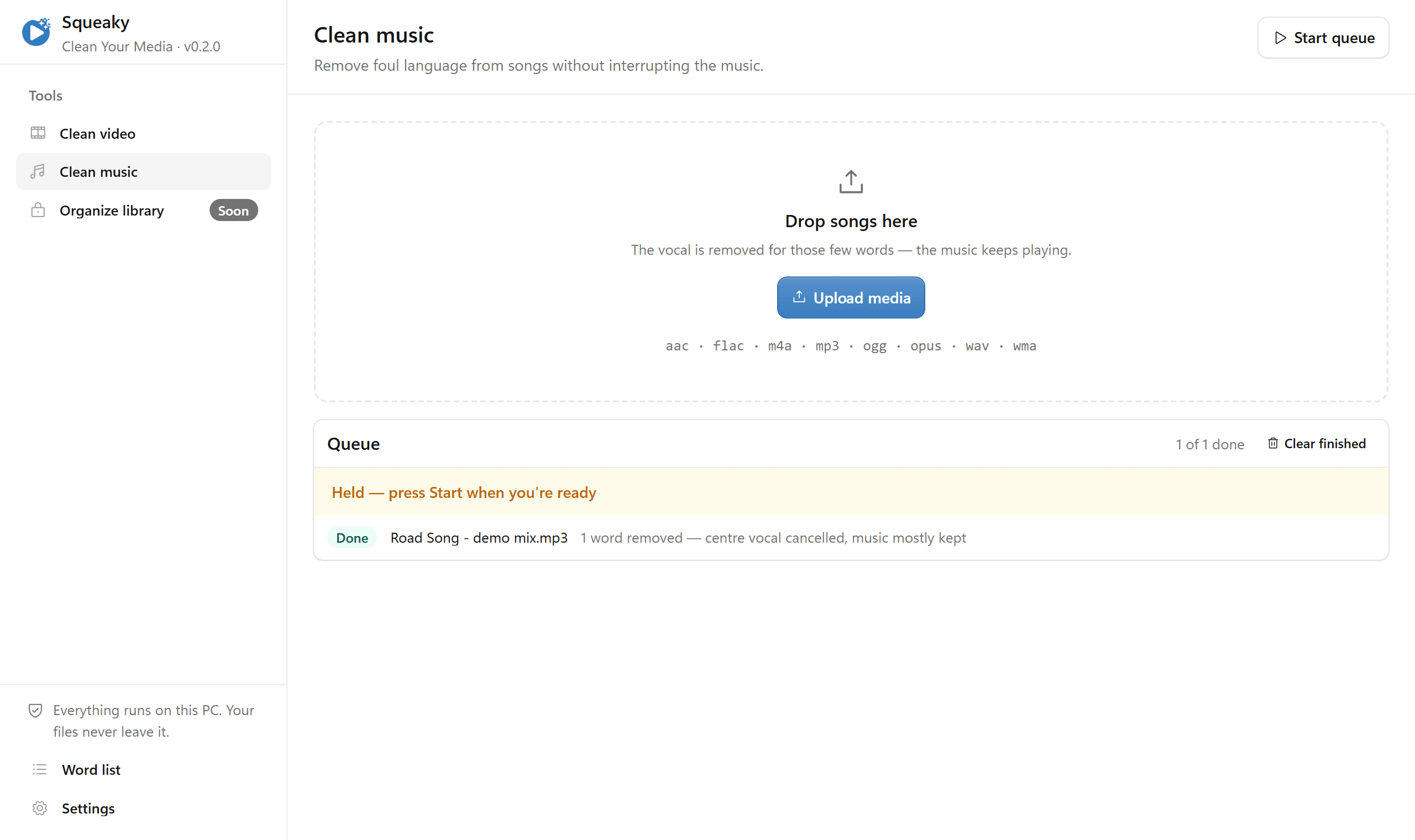 Squeaky’s music tool, showing a finished song with one word removed and the music kept.
