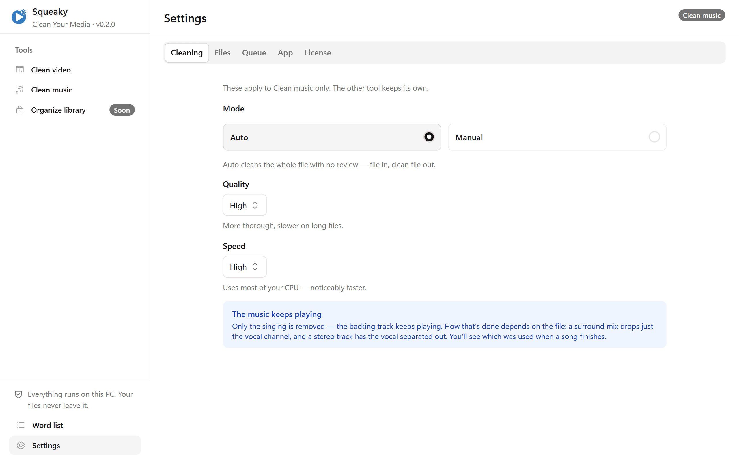 Squeaky’s settings, showing cleaning mode, quality and speed.