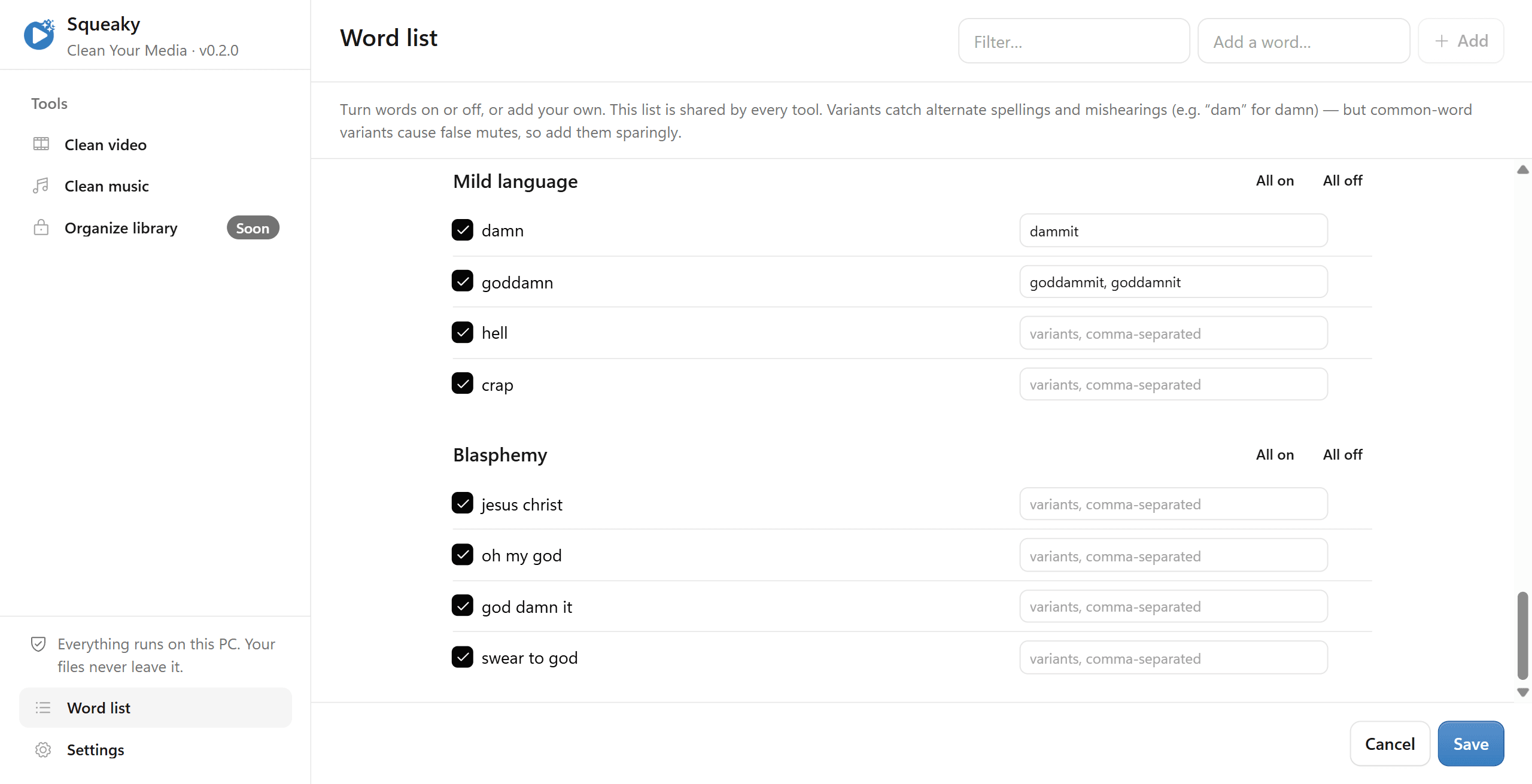Squeaky’s word list, showing the mild language and blasphemy categories with each word as a checkbox.
